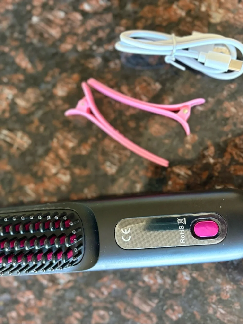 Black and Pink Portable Heated Hair Straightening Brush - Women Hair